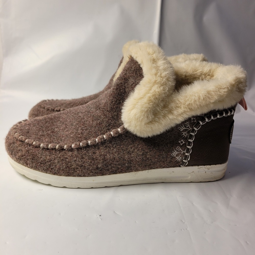 Unbranded Slipper Boots Women Brown Felted Faux Fur Lined Embroidered Size‎ 40